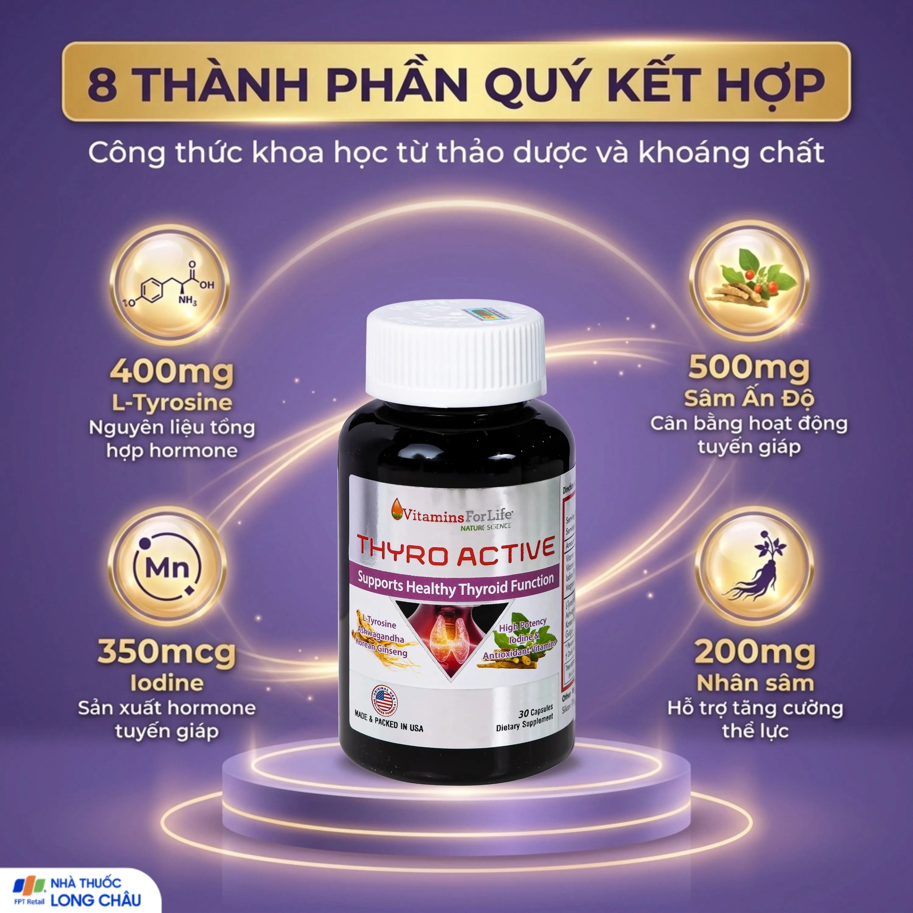 Hình ảnh Viên uống bổ sung L-Tyrosine, I-ốt, hỗ trợ tăng cường chức năng tuyến giáp Thyro Active Vitamins For Life (Hộp 30 viên)