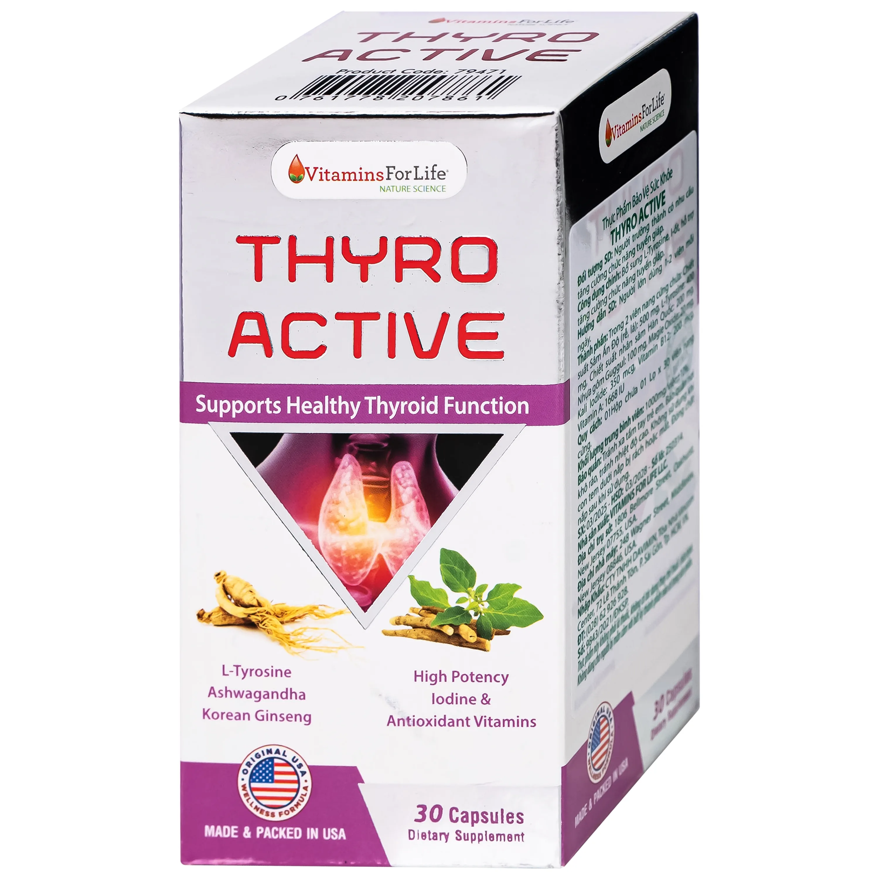 Hình ảnh Viên uống bổ sung L-Tyrosine, I-ốt, hỗ trợ tăng cường chức năng tuyến giáp Thyro Active Vitamins For Life (Hộp 30 viên)