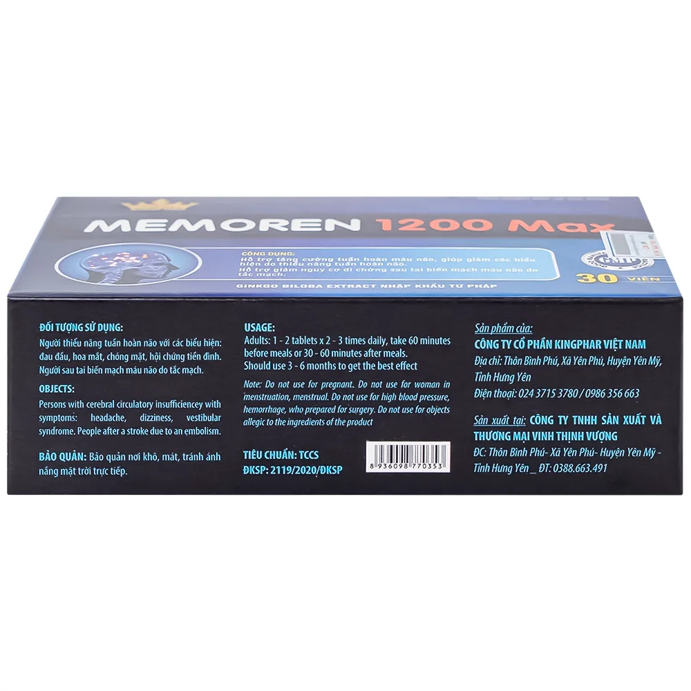 Hình ảnh Viên uống hỗ trợ tăng cường tuần hoàn máu não Memoren 1200 Max Kingphar (Hộp 30 viên)
