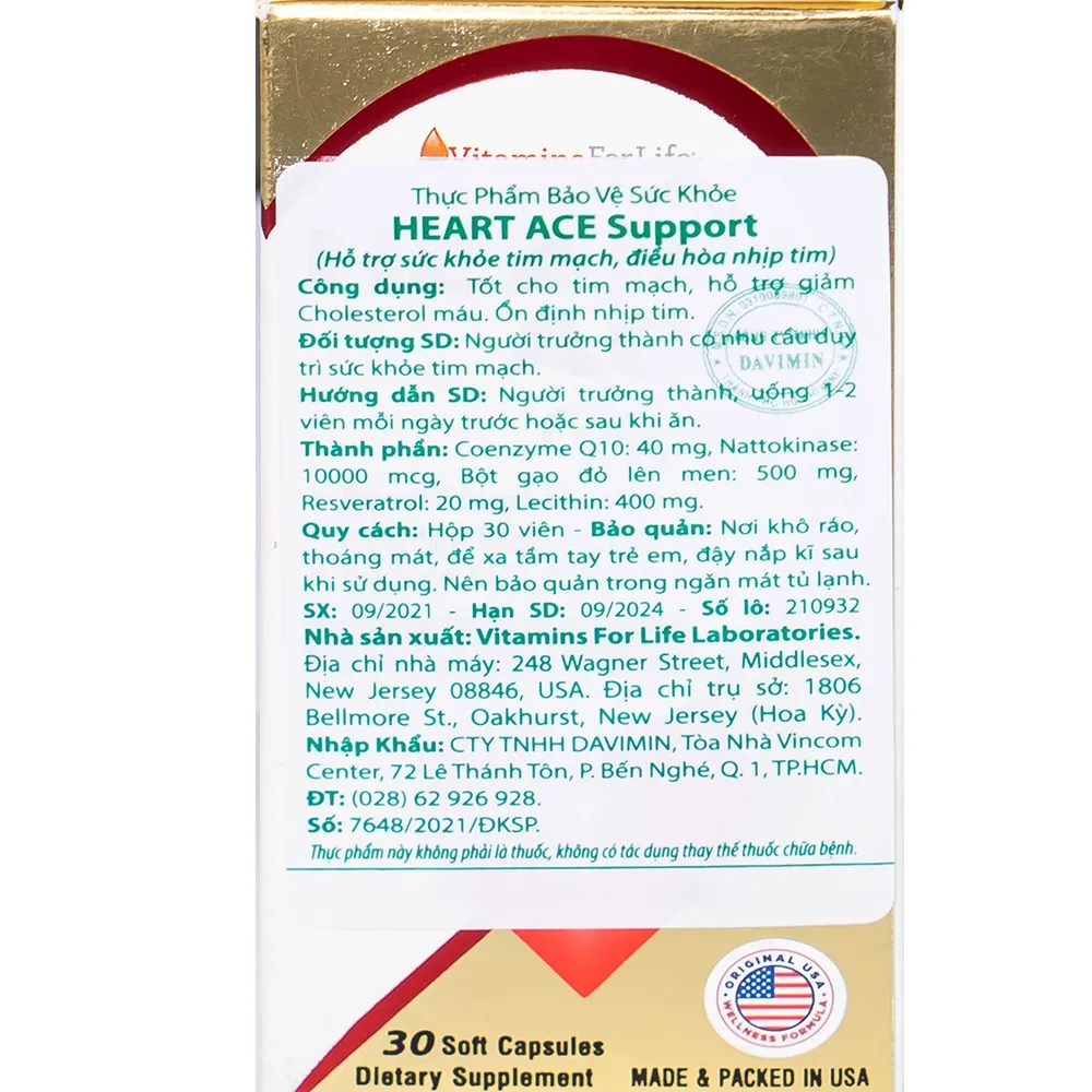 Hình ảnh Viên uống Heart Ace Support Vitamins For Life hỗ trợ sức khỏe tim mạch, điều hòa nhịp tim (Hộp 30 viên)