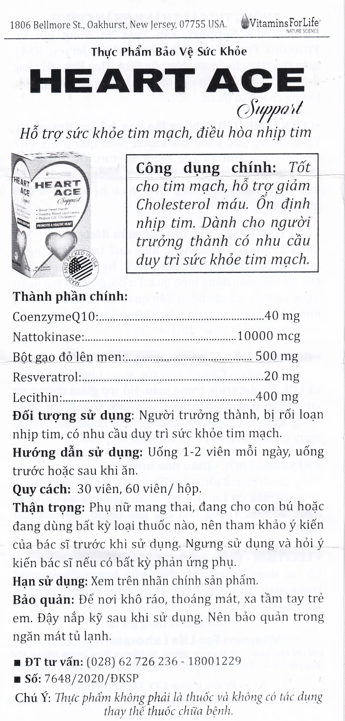 Hình ảnh Viên uống Heart Ace Support Vitamins For Life hỗ trợ sức khỏe tim mạch, điều hòa nhịp tim (Hộp 30 viên)