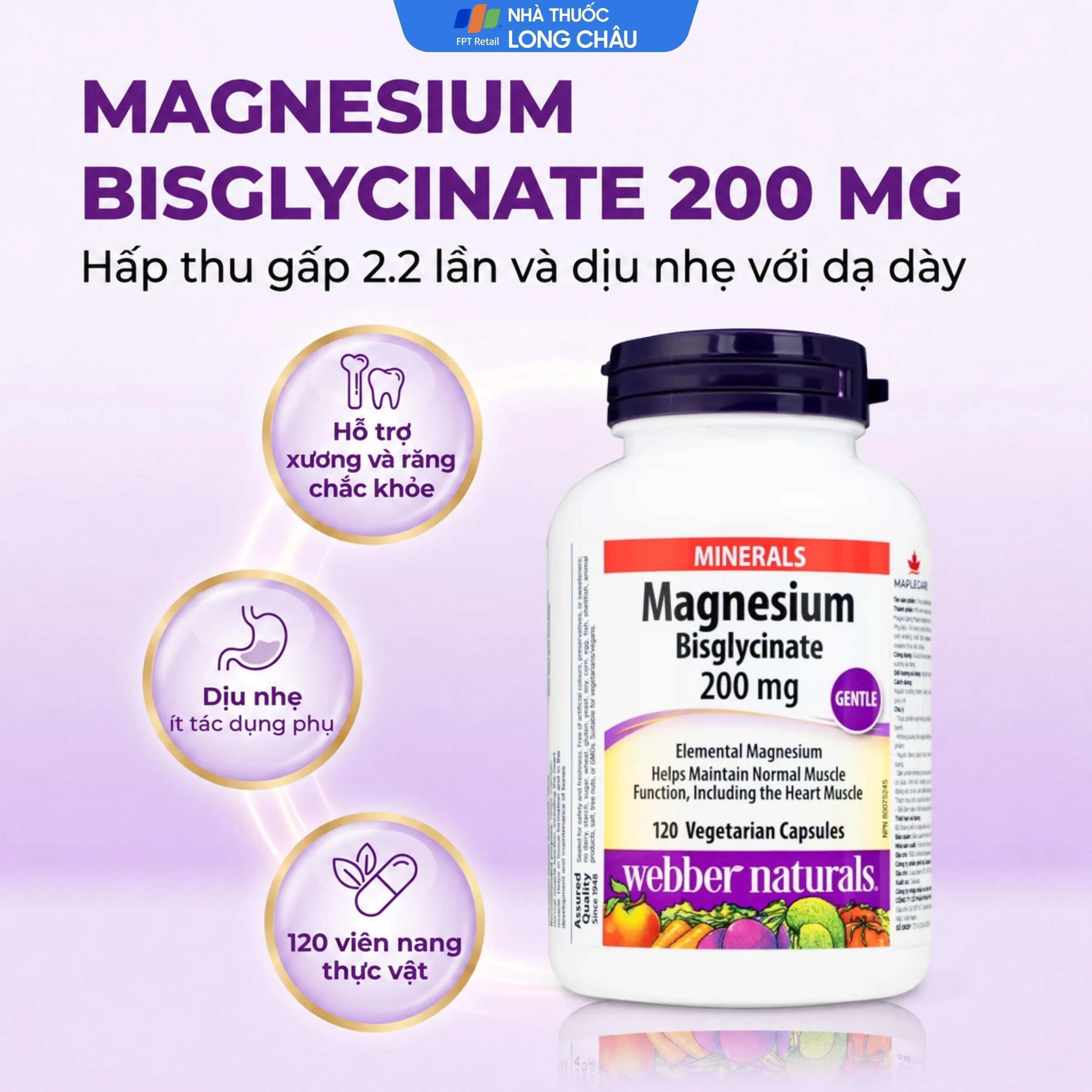 Hình ảnh Viên uống hỗ trợ xương răng chắc khỏe Magnesium Bisglycinate Webber Naturals (120 viên)
