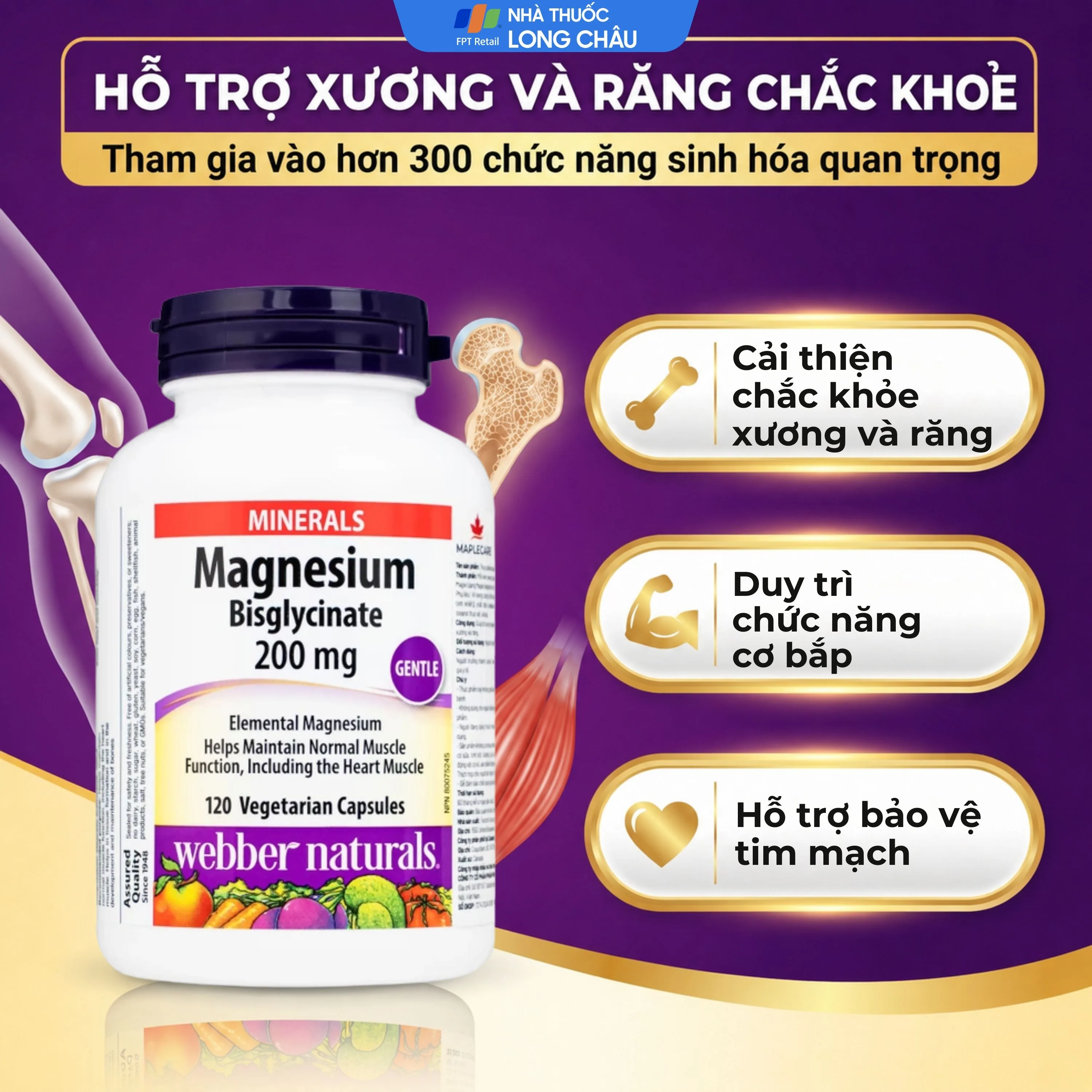 Hình ảnh Viên uống hỗ trợ xương răng chắc khỏe Magnesium Bisglycinate Webber Naturals (120 viên)