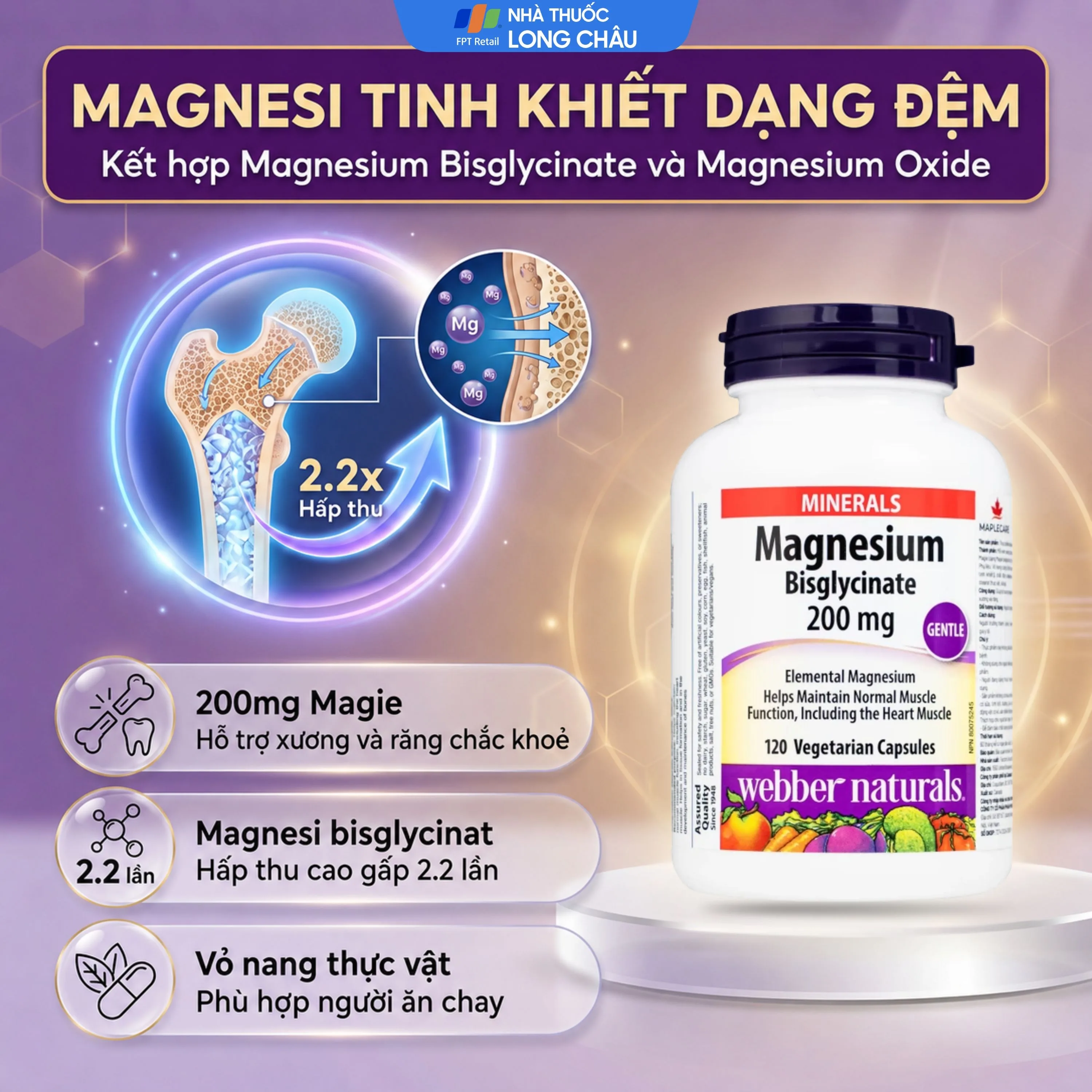 Hình ảnh Viên uống hỗ trợ xương răng chắc khỏe Magnesium Bisglycinate Webber Naturals (120 viên)