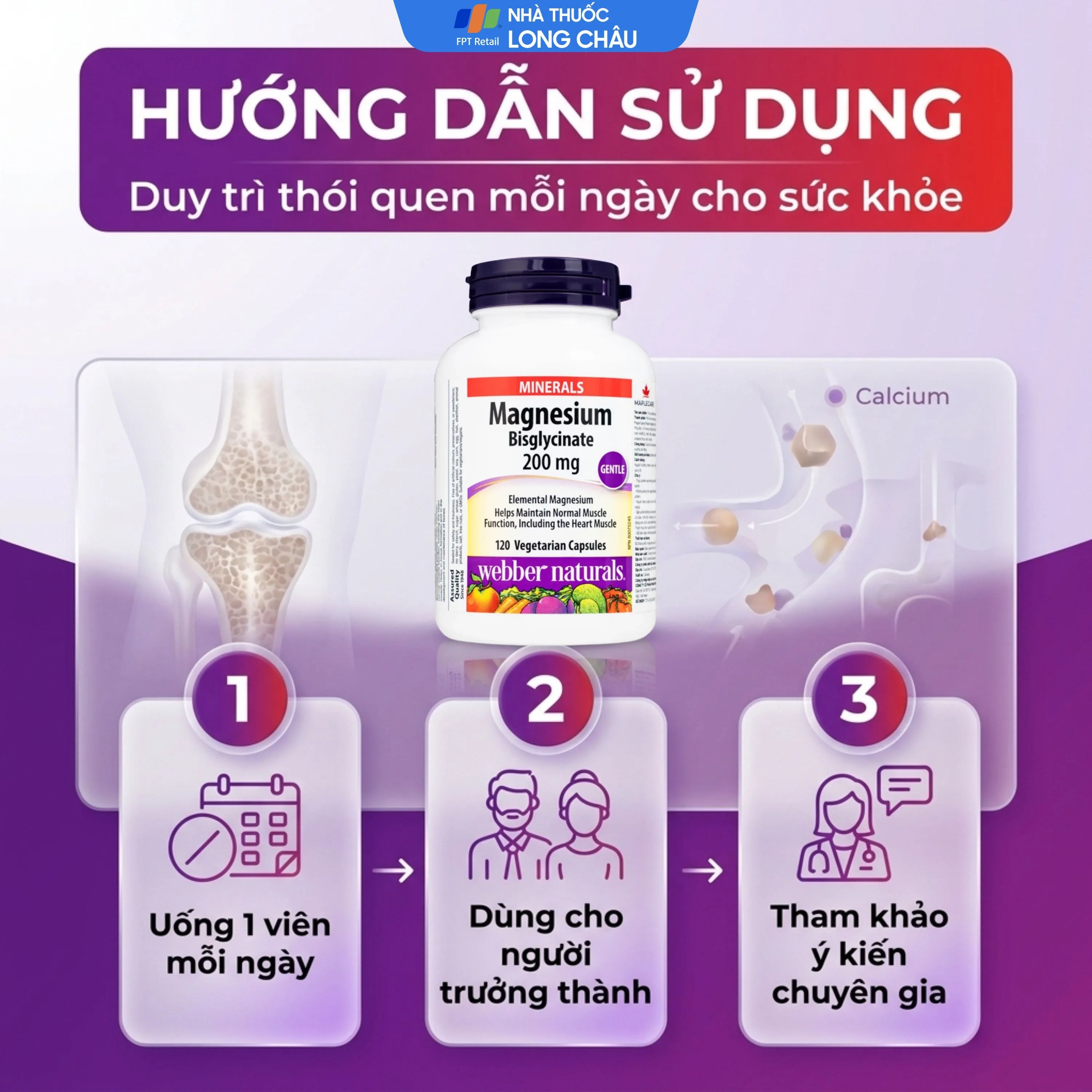 Hình ảnh Viên uống hỗ trợ xương răng chắc khỏe Magnesium Bisglycinate Webber Naturals (120 viên)