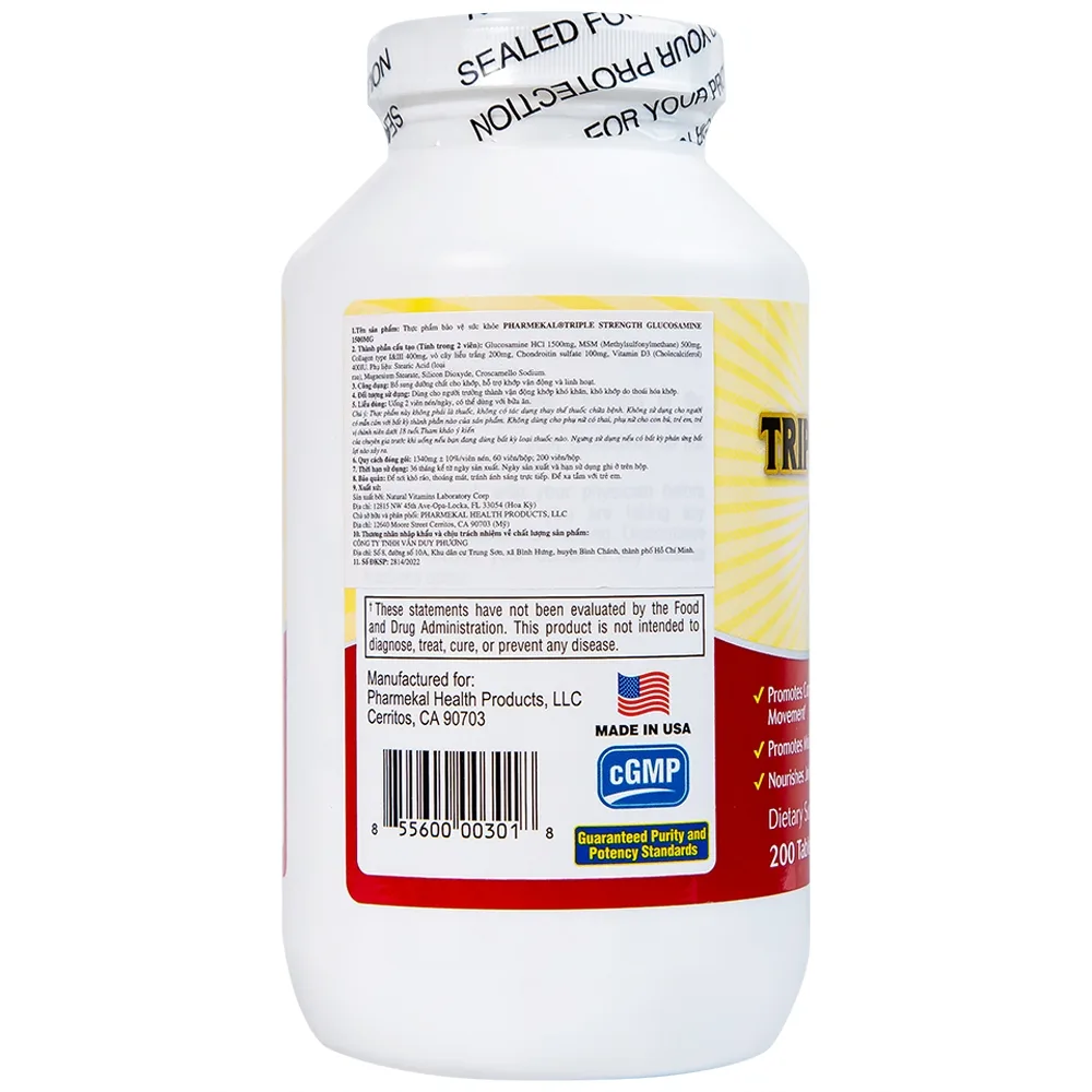Hình ảnh Viên uống Triple Strength Glucosamine 1500mg Pharmekal bổ sung dưỡng chất cho khớp (200 viên)