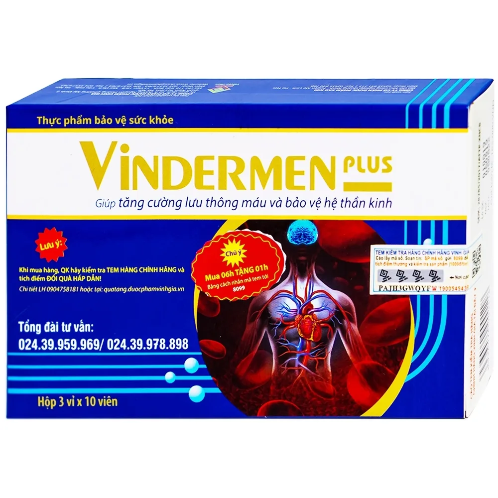 Hình ảnh Viên uống Vindermen Plus Vinh Gia hỗ trợ hoạt huyết, tăng cường lưu thông máu não (3 vỉ x 10 viên)