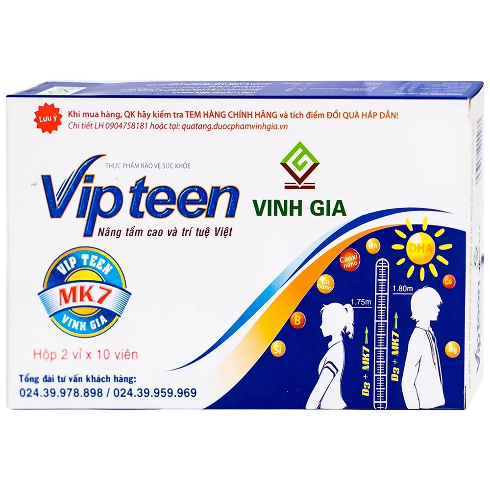 Hình ảnh Viên uống Vipteen Vinh Gia bổ sung canxi và dưỡng chất hỗ trợ phát triển chiều cao (2 vỉ x 10 viên)