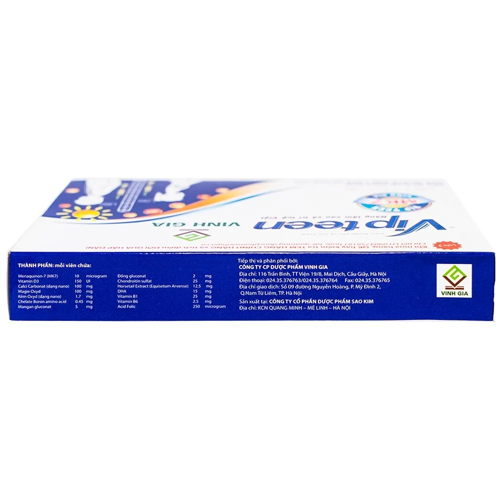 Hình ảnh Viên uống Vipteen Vinh Gia bổ sung canxi và dưỡng chất hỗ trợ phát triển chiều cao (2 vỉ x 10 viên)