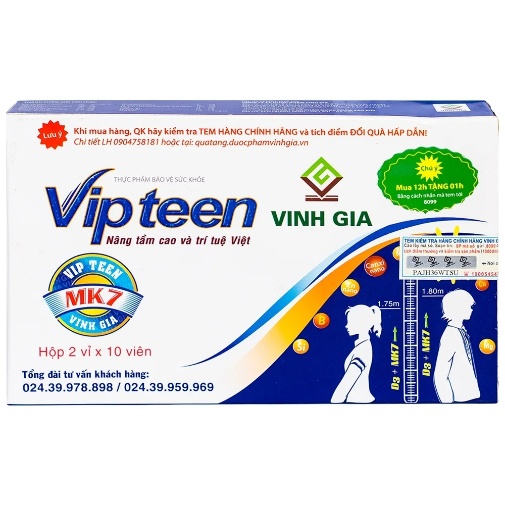 Hình ảnh Viên uống Vipteen Vinh Gia bổ sung canxi và dưỡng chất hỗ trợ phát triển chiều cao (2 vỉ x 10 viên)