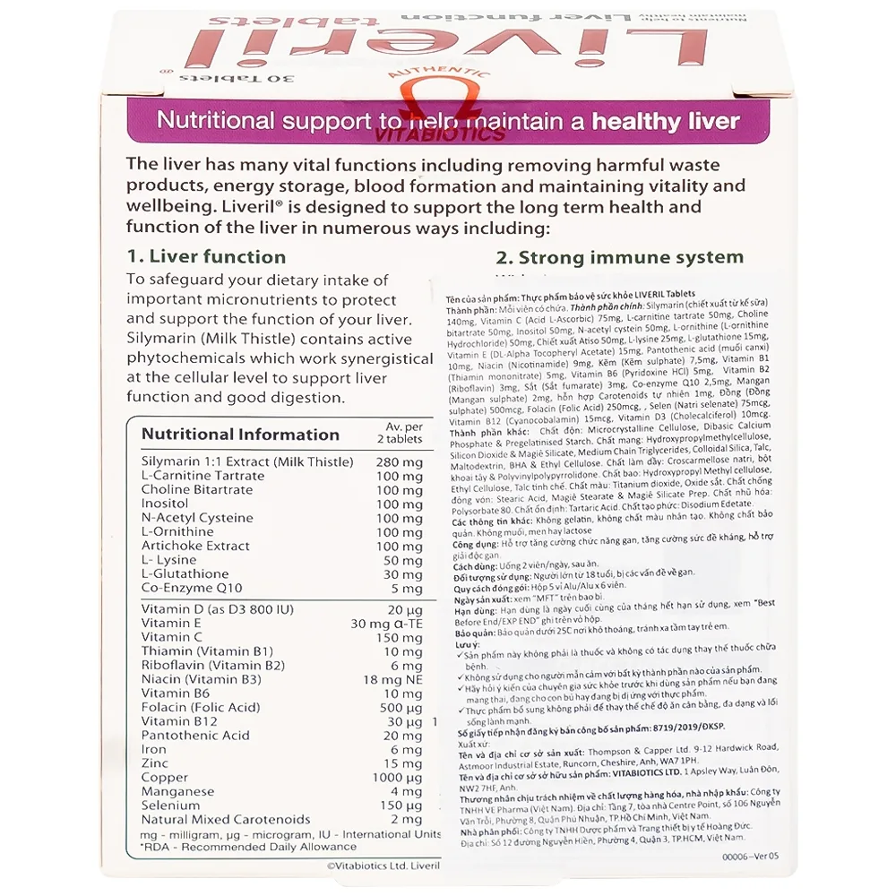 Hình ảnh Viên uống Liveril Vitabiotics hỗ trợ tăng cường chức năng gan, tăng cường đề kháng (5 vỉ x 6 viên)