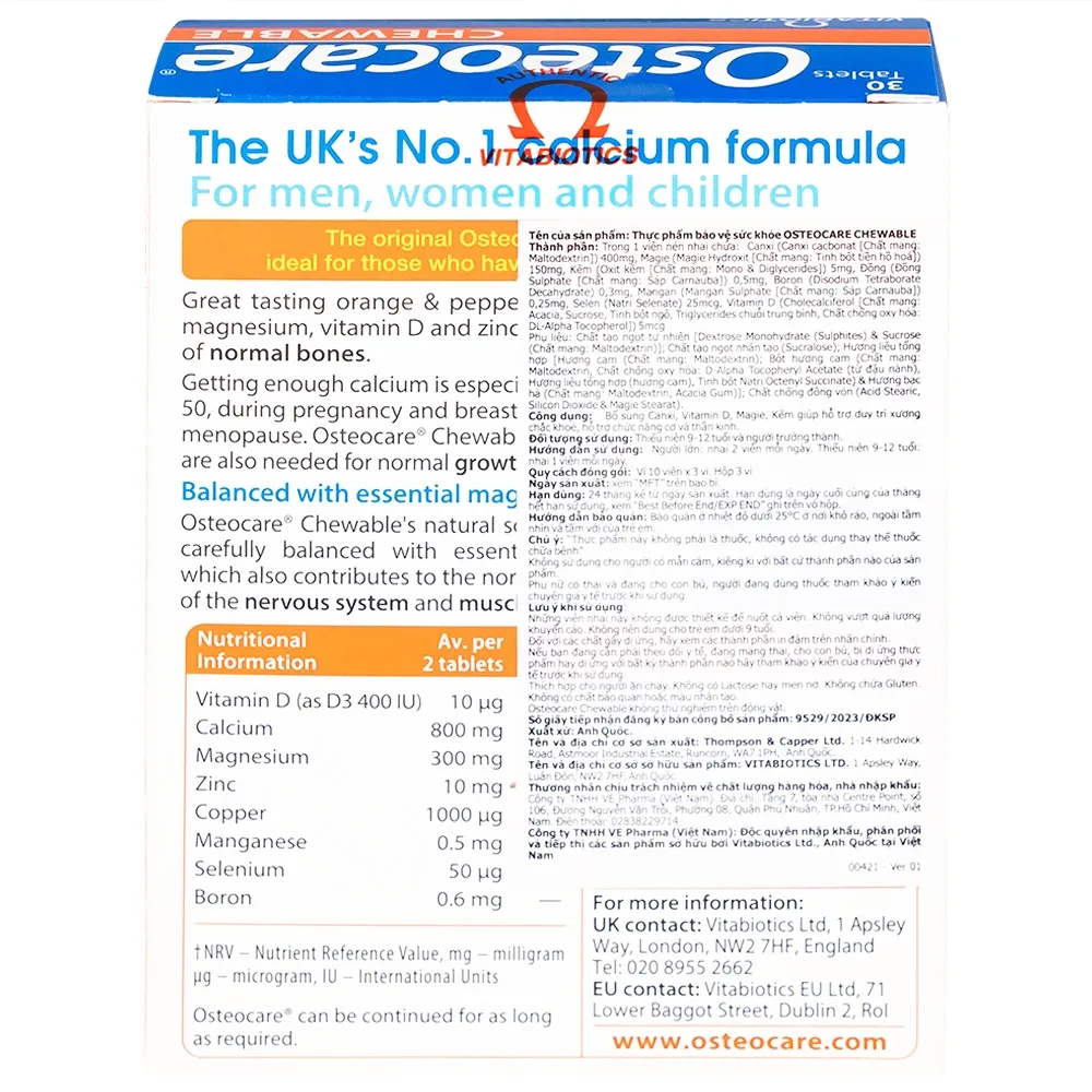 Hình ảnh Viên nén nhai Osteocare chewable Vitabiotics hỗ trợ duy trì xương chắc khoẻ (3 vỉ x 10 viên)