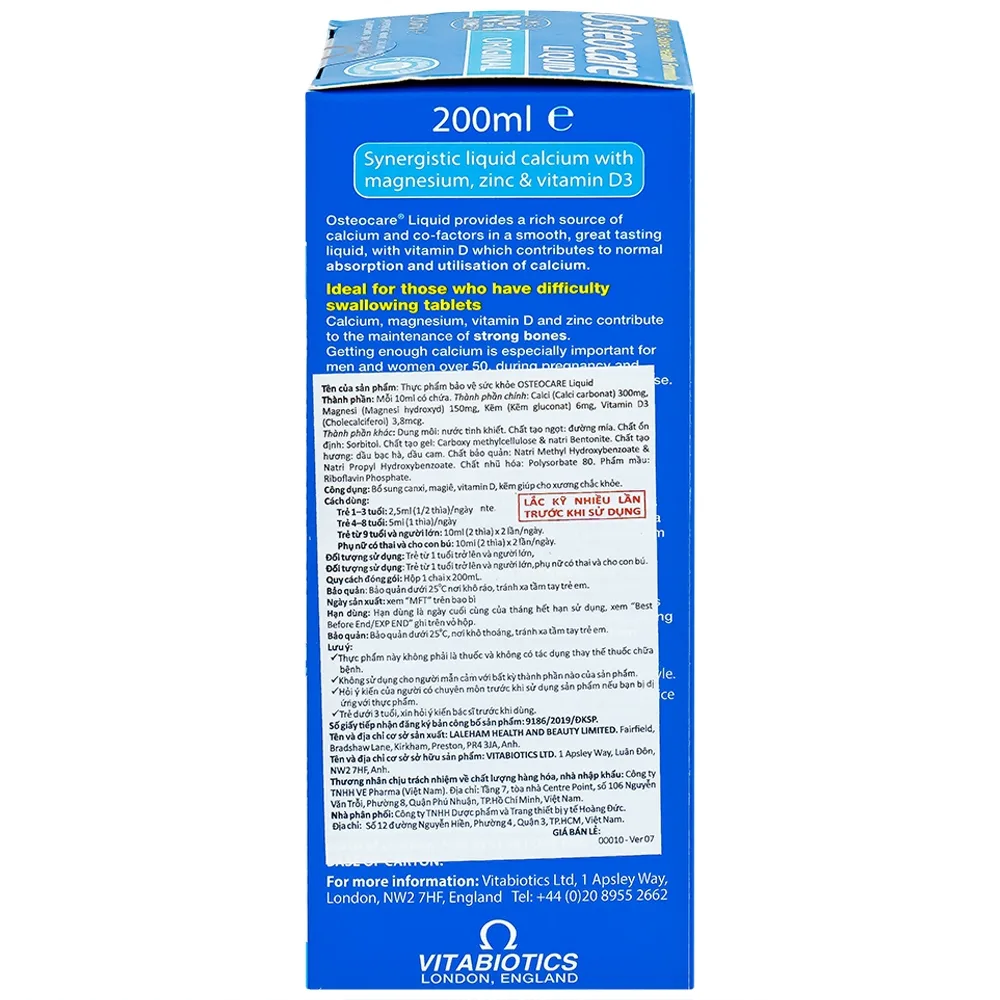 Hình ảnh Dung dịch Osteocare Liquid Vitabiotics bổ sung canxi, magiê, vitamin D, kẽm giúp xương chắc khỏe (200ml)