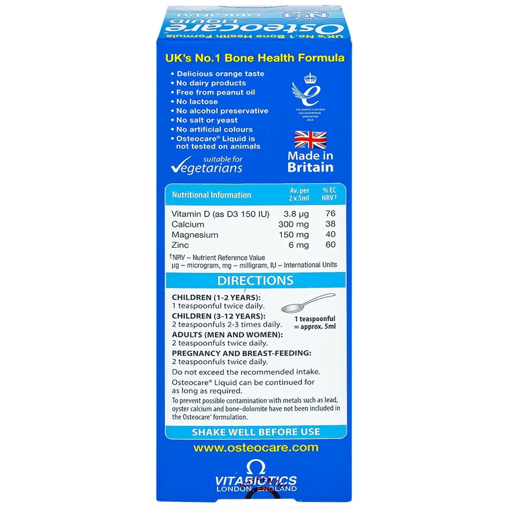 Hình ảnh Dung dịch Osteocare Liquid Vitabiotics bổ sung canxi, magiê, vitamin D, kẽm giúp xương chắc khỏe (200ml)
