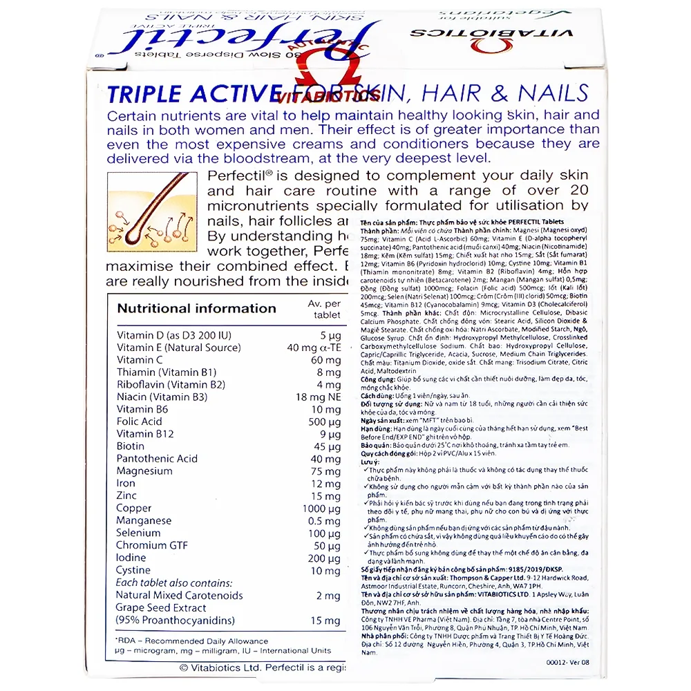 Hình ảnh Thực phẩm bảo vệ sức khỏe Perfectil Vitabiotics bổ sung vi chất làm đẹp da, móng, tóc (2 vỉ x 15 viên)