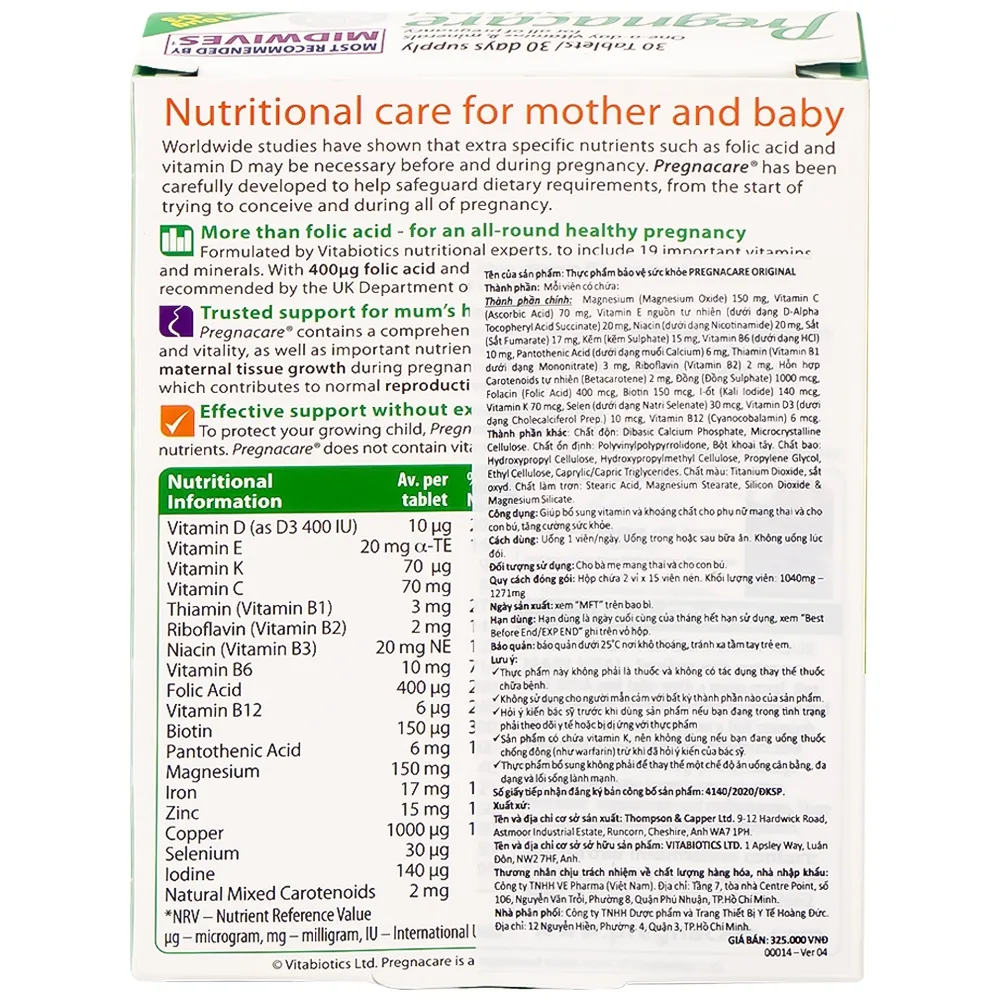 Hình ảnh Thực phẩm bảo vệ sức khoẻ Pregnacare Original giúp bổ sung vitamin và khoáng chất cho phụ nữ mang thai và cho con bú (2 vỉ x 15 viên)