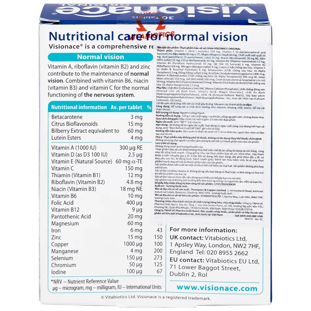 Hình ảnh Viên uống Visionace Original Vitabiotics bổ sung vitamin, khoáng chất, lutein, hỗ trợ cải thiện thị lực (2 vỉ x 15 viên)