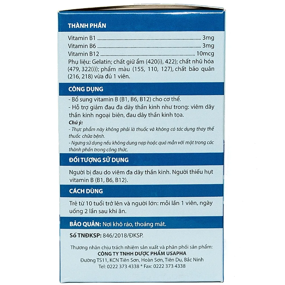 Hình ảnh Viên uống Vitamin 3B USAPHA bổ sung vitamin B cho cơ thể (10 vỉ x 10 viên)