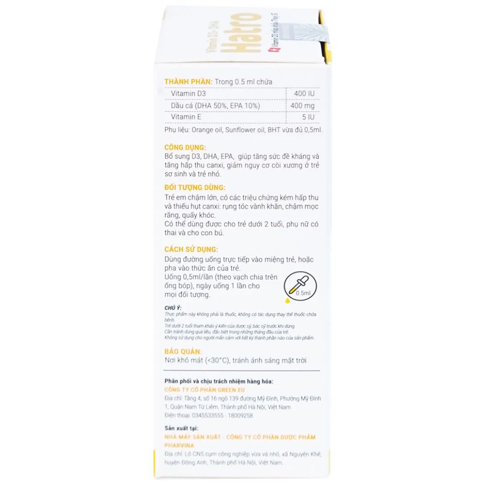 Hình ảnh Dung dịch Vitamin D3+ DHA Hatro Pharvina tăng sức đề kháng, giảm nguy cơ còi xương (20ml)