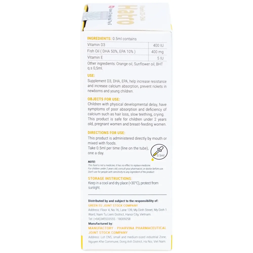 Hình ảnh Dung dịch Vitamin D3+ DHA Hatro Pharvina tăng sức đề kháng, giảm nguy cơ còi xương (20ml)