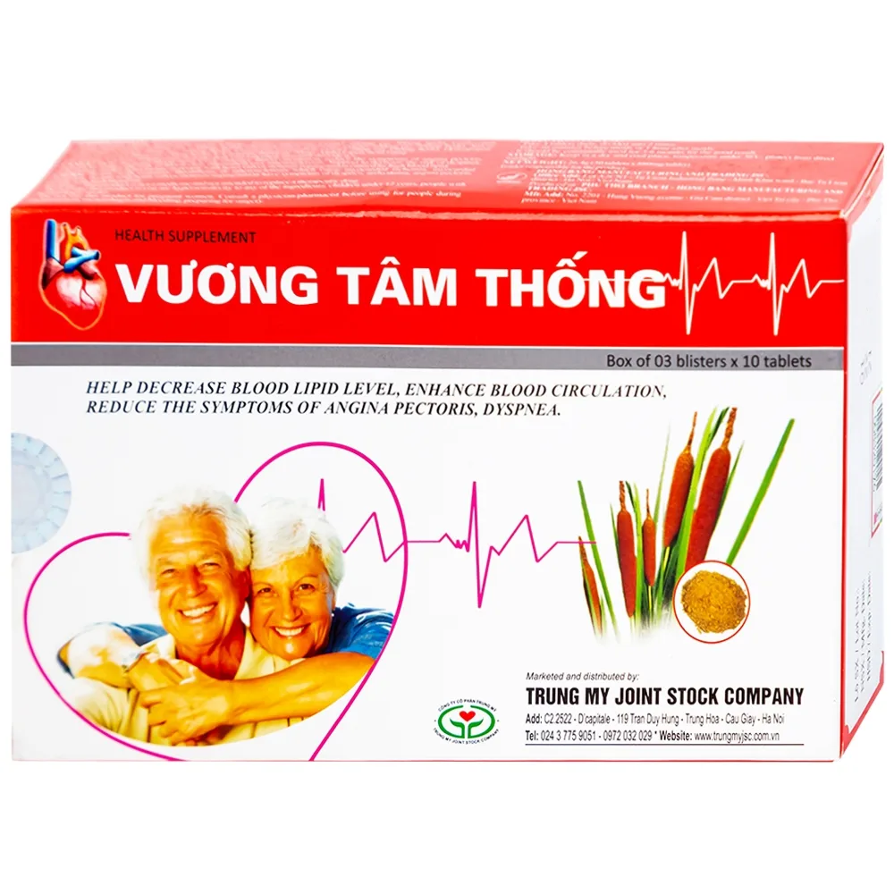 Hình ảnh Viên nén Vương Tâm Thống Hồng Bàng hạ lipid máu, giảm triệu chứng đau thắt ngực, khó thở (3 vỉ x 10 viên)