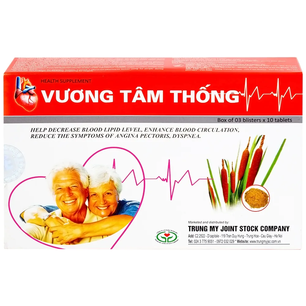 Hình ảnh Viên nén Vương Tâm Thống Hồng Bàng hạ lipid máu, giảm triệu chứng đau thắt ngực, khó thở (3 vỉ x 10 viên)