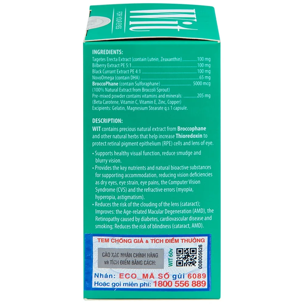 Hình ảnh Viên nang WIT For Your Eyes Ecogreen tăng cường thị lực, giảm mờ và nhòe mắt (60 viên)