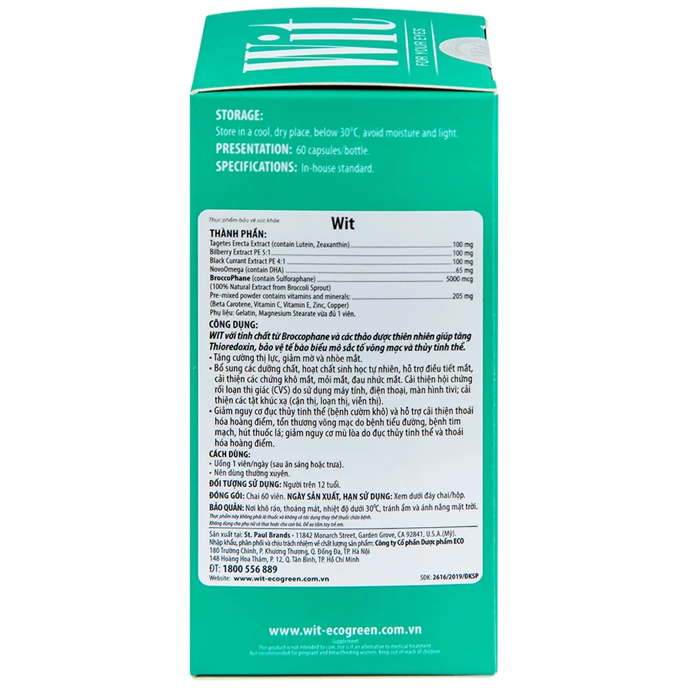 Hình ảnh Viên nang WIT For Your Eyes Ecogreen tăng cường thị lực, giảm mờ và nhòe mắt (60 viên)