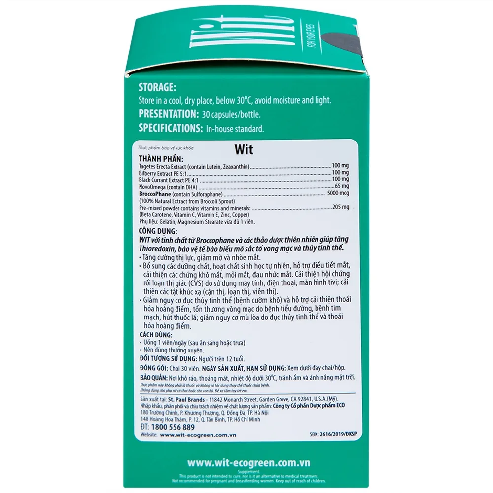 Hình ảnh Viên nang WIT For Your Eyes Ecogreen tăng cường thị lực, giảm mờ và nhòe mắt (30 viên)