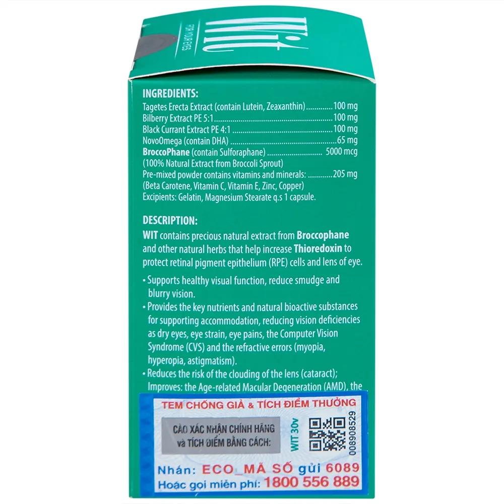 Hình ảnh Viên nang WIT For Your Eyes Ecogreen tăng cường thị lực, giảm mờ và nhòe mắt (30 viên)