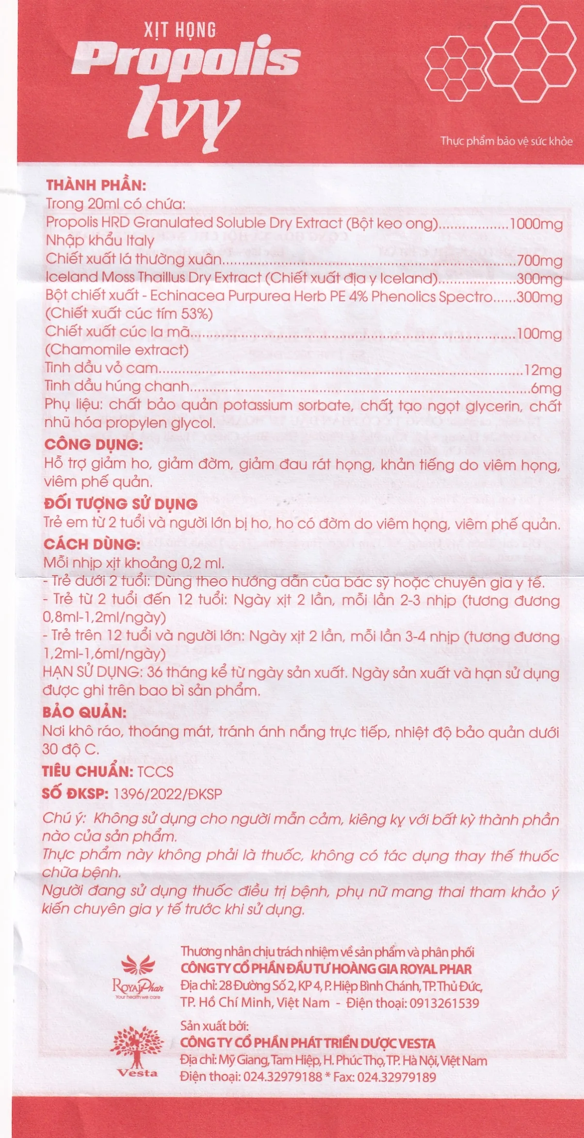 Hình ảnh Xịt họng Propolis Ivy Royal Care giảm ho, đờm, đau rát họng, khản tiếng do viêm họng, viêm phế quản (20ml)