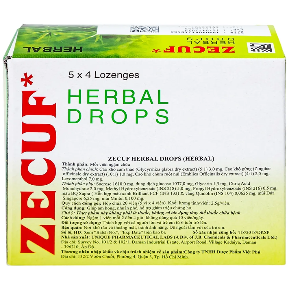 Hình ảnh Viên ngậm Zecuf Herbal Drops giúp ấm họng, nhuận phế, hỗ trợ giảm triệu chứng ho (5 vỉ x 4 viên)