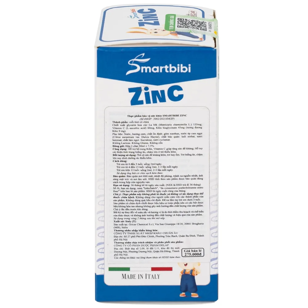 Hình ảnh Siro Smartbibi Zinc GRICAR bổ sung kẽm, vitamin C giúp tăng sức đề kháng, cải thiện tình trạng biếng ăn (30ml)