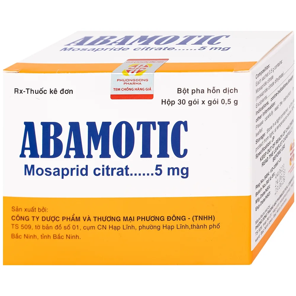 Hình ảnh Bột pha uống Abamotic 5mg Phương Đông điều trị các triệu chứng tiêu hóa, viêm dạ dày (30 gói x 0,5g)