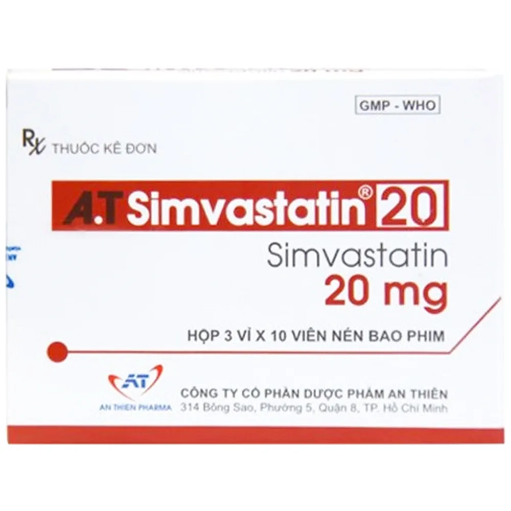 Hình ảnh Thuốc A.T Simvastatin 20mg An Thiên điều trị Tăng cholesterol máu nguyên phát (3 vỉ x 10 viên)