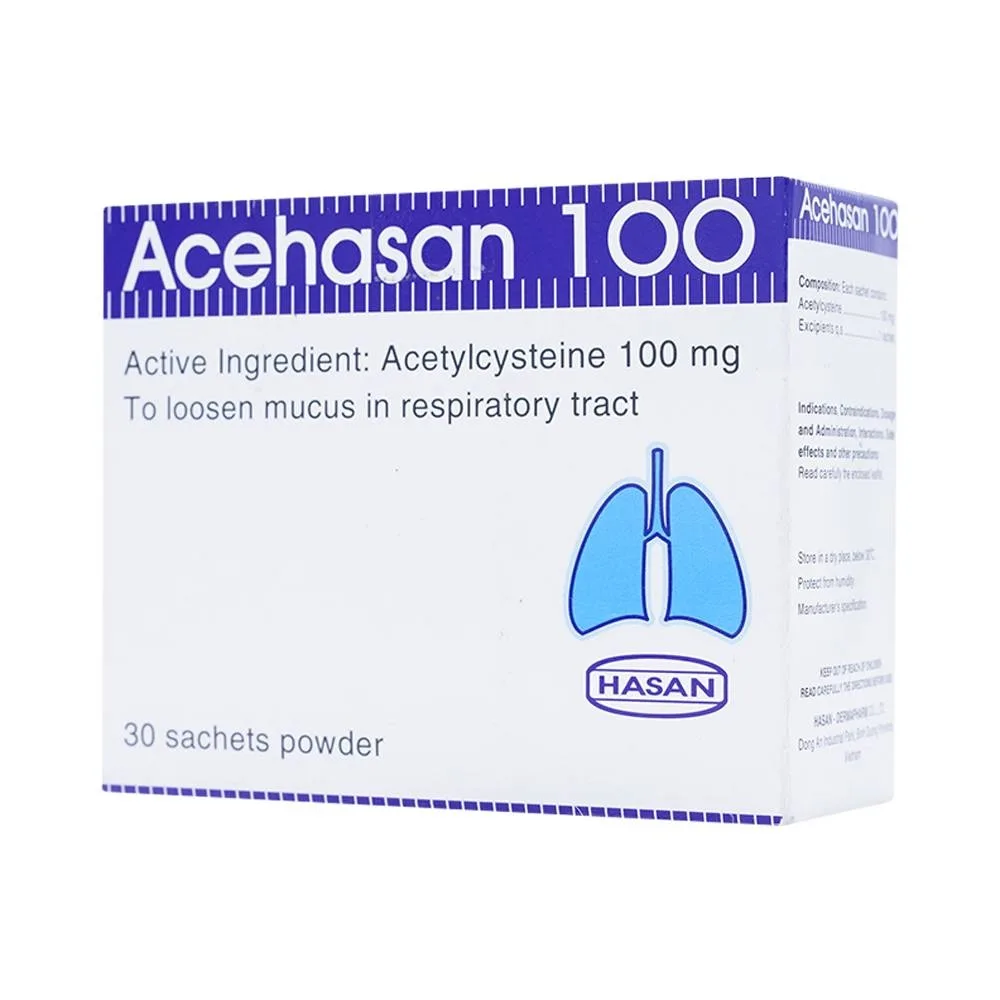 Hình ảnh Thuốc bột Acehasan 100 Hasan làm loãng đờm trong các bệnh phế quản - phổi cấp và mãn tính (30 gói)