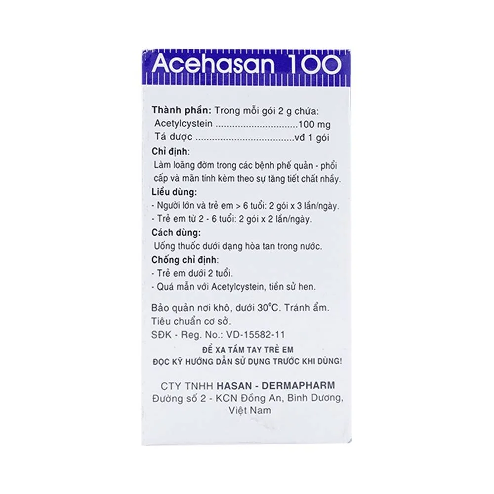 Hình ảnh Thuốc bột Acehasan 100 Hasan làm loãng đờm trong các bệnh phế quản - phổi cấp và mãn tính (30 gói)