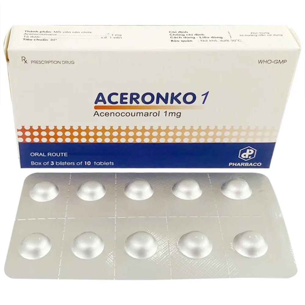 Hình ảnh Thuốc Aceronko 1mg Pharbaco điều trị bệnh tim gây tắc mạch, nhồi máu cơ tim (3 vỉ x 10 viên)