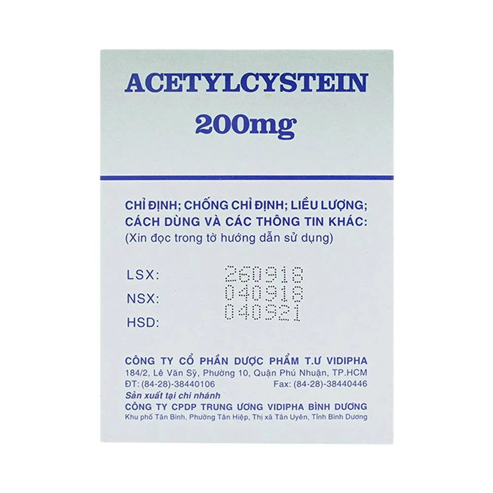 Hình ảnh Thuốc Acetylcystein 200mg Vidipha tiêu nhầy trong bệnh viêm phế quản, bệnh nhầy nhớt (20 vỉ x 10 viên)