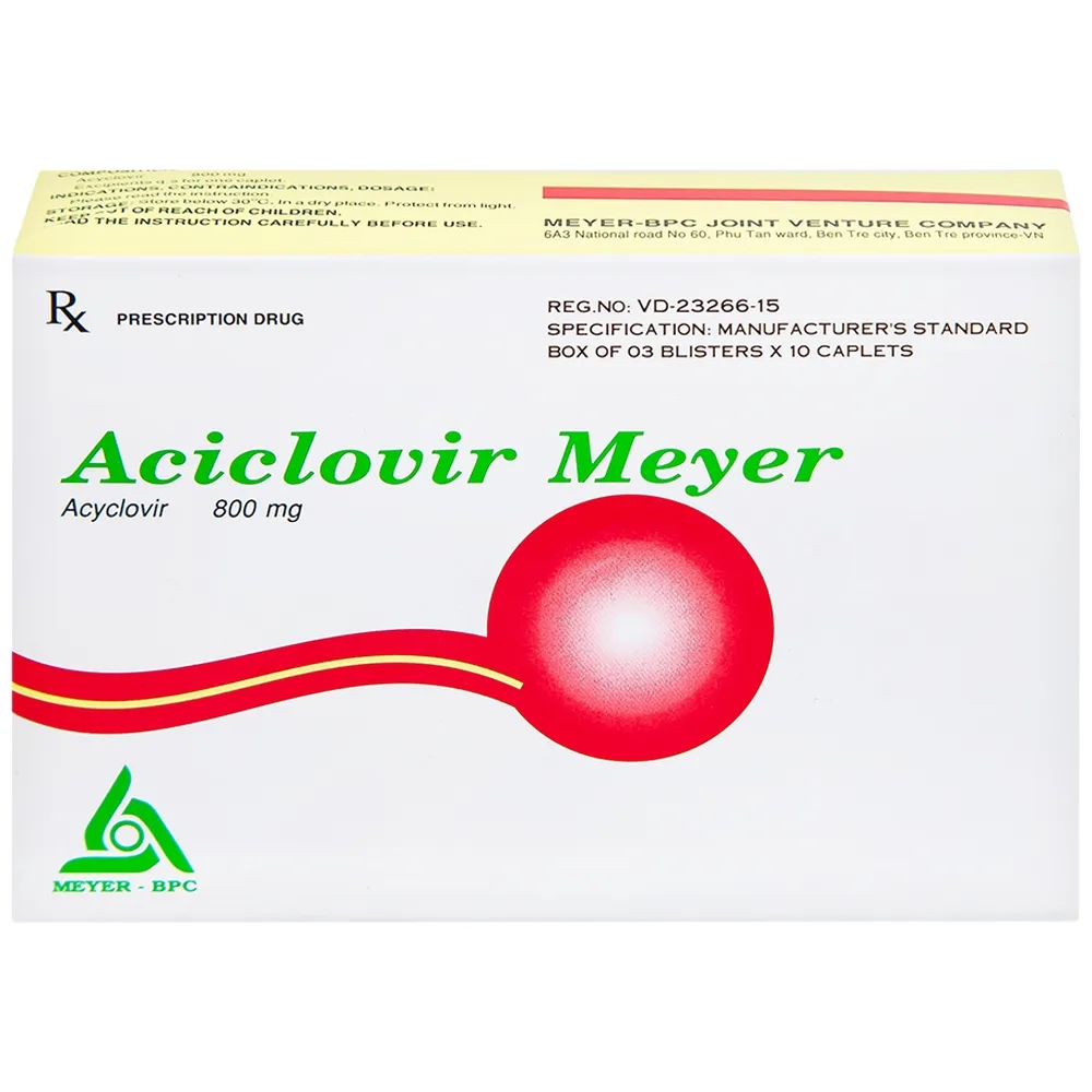 Hình ảnh Thuốc Aciclovir 800mg Meyer điều trị nhiễm Herpes zoster, thủy đậu (3 vỉ x 10 viên)
