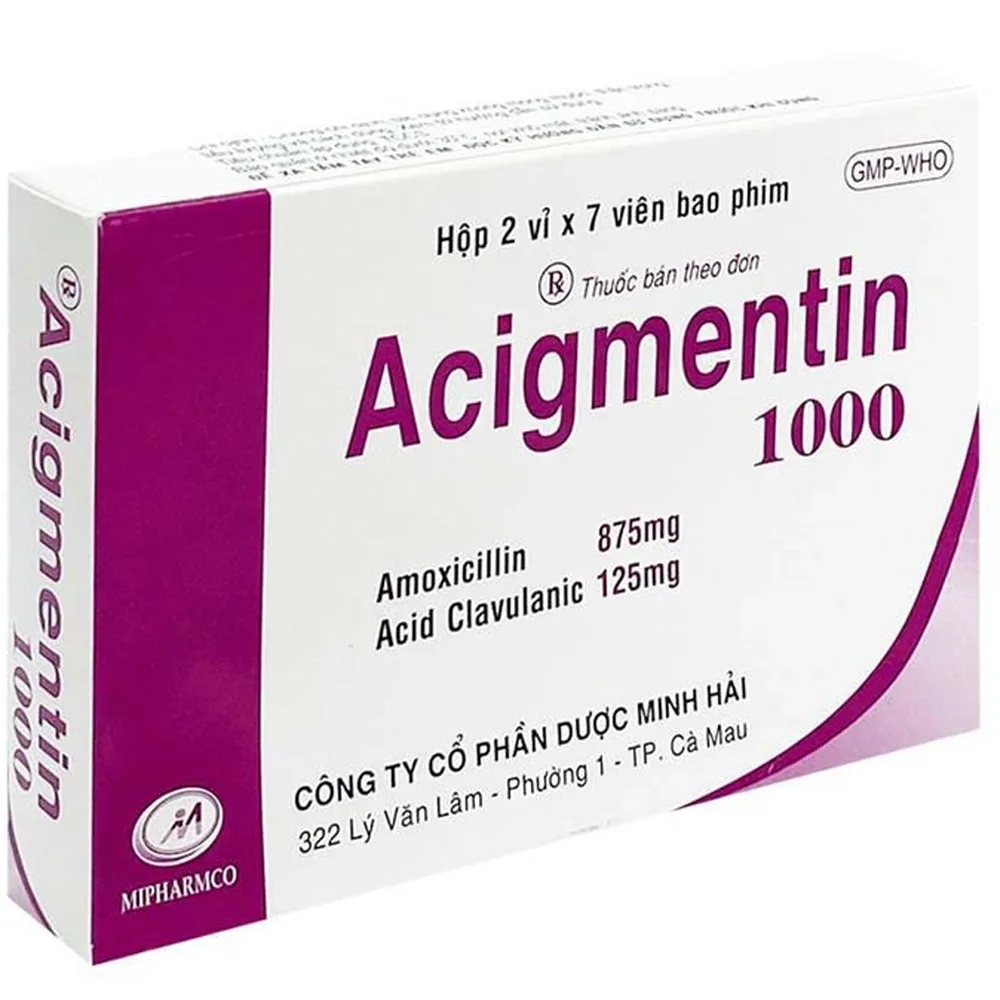 Hình ảnh Thuốc Acigmentin 1000 Minh Hải điều trị nhiễm khuẩn gram dương và gram âm (2 vỉ x 7 viên)
