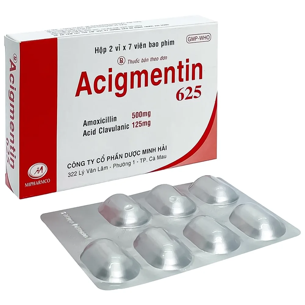 Hình ảnh Thuốc Acigmentin 625 Minh Hải điều trị nhiễm khuẩn nặng đường hô hấp trên (2 vỉ x 7 viên)