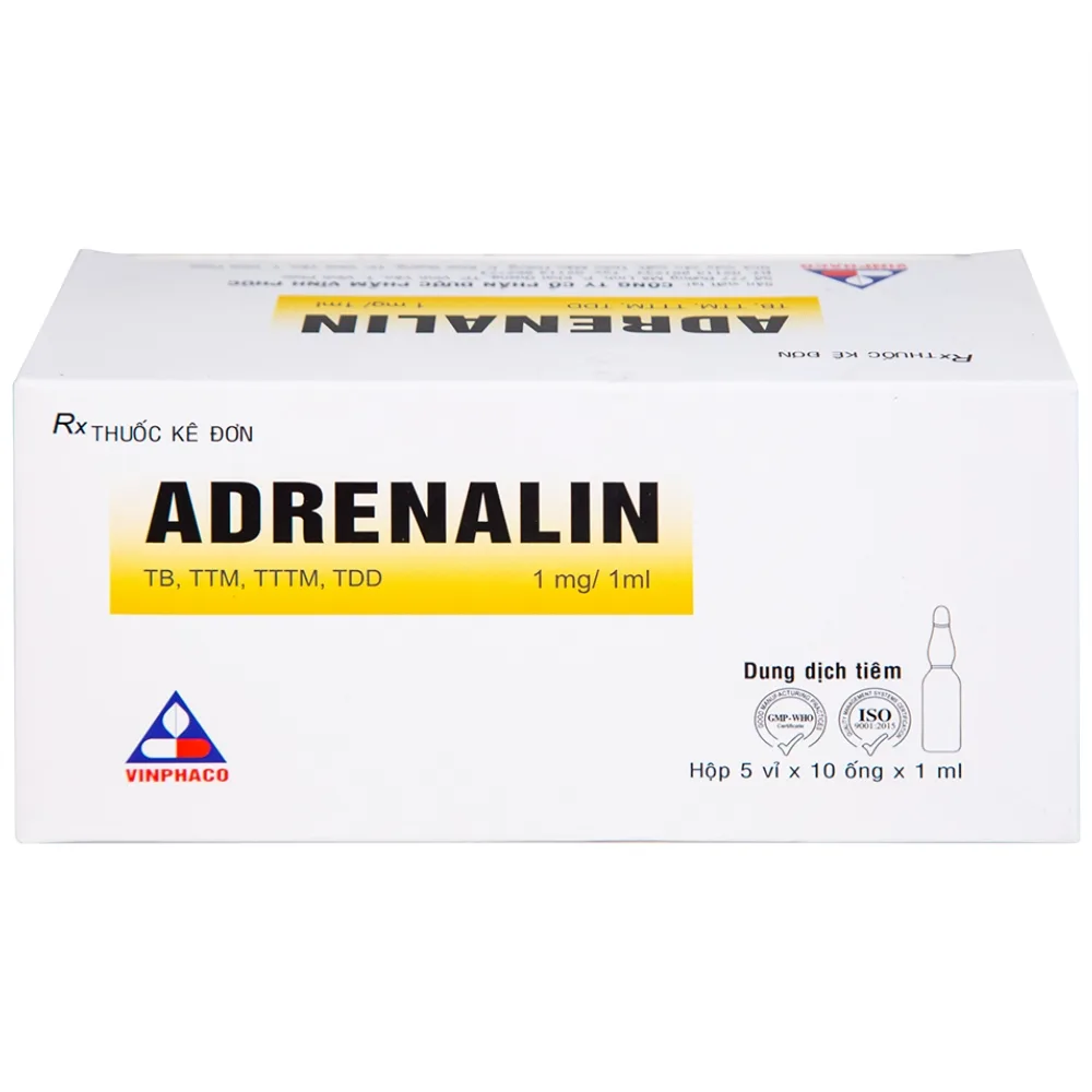 Hình ảnh Dung dịch tiêm Adrenalin 1mg/1ml hồi sức tim phổi, cấp cứu choáng phản vệ (5 vỉ x 10 ống)