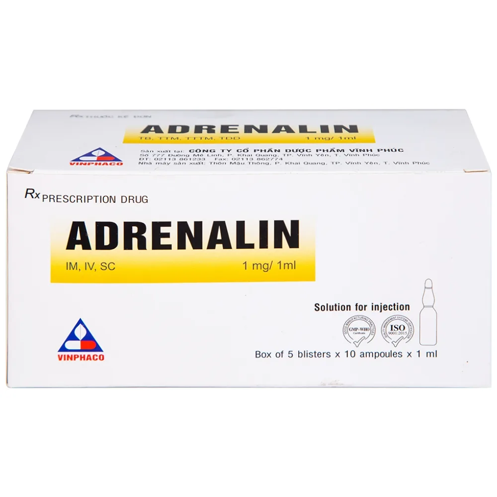Hình ảnh Dung dịch tiêm Adrenalin 1mg/1ml hồi sức tim phổi, cấp cứu choáng phản vệ (5 vỉ x 10 ống)