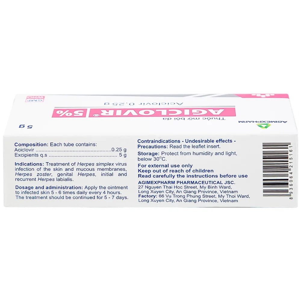 Hình ảnh Thuốc mỡ bôi da Agiclovir 5% Agimexpharm điều trị nhiễm Herpes simplex, Herpes zoster, Herpes sinh dục (5g)