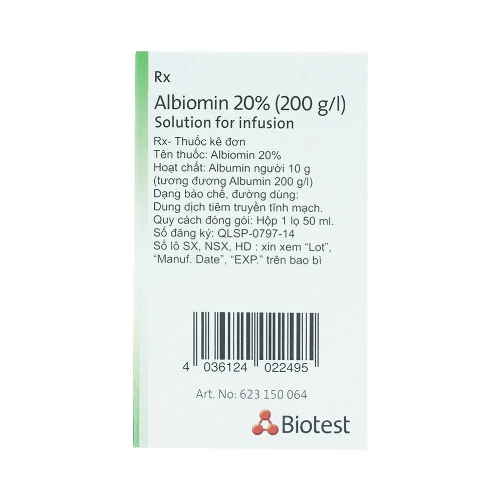 Hình ảnh Dịch truyền Albiomin 20% Biotest điều trị cấp cứu trường hợp choáng do giảm thể tích máu (50ml)