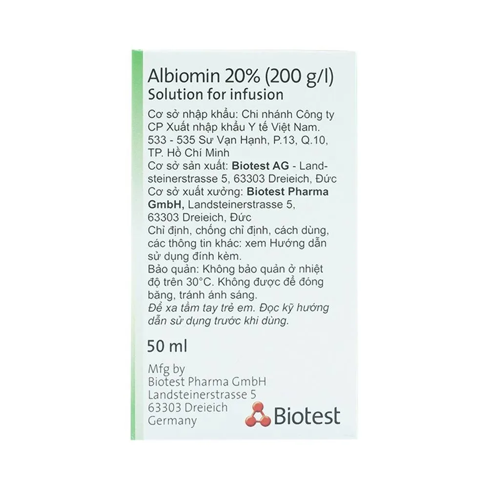 Hình ảnh Dịch truyền Albiomin 20% Biotest điều trị cấp cứu trường hợp choáng do giảm thể tích máu (50ml)