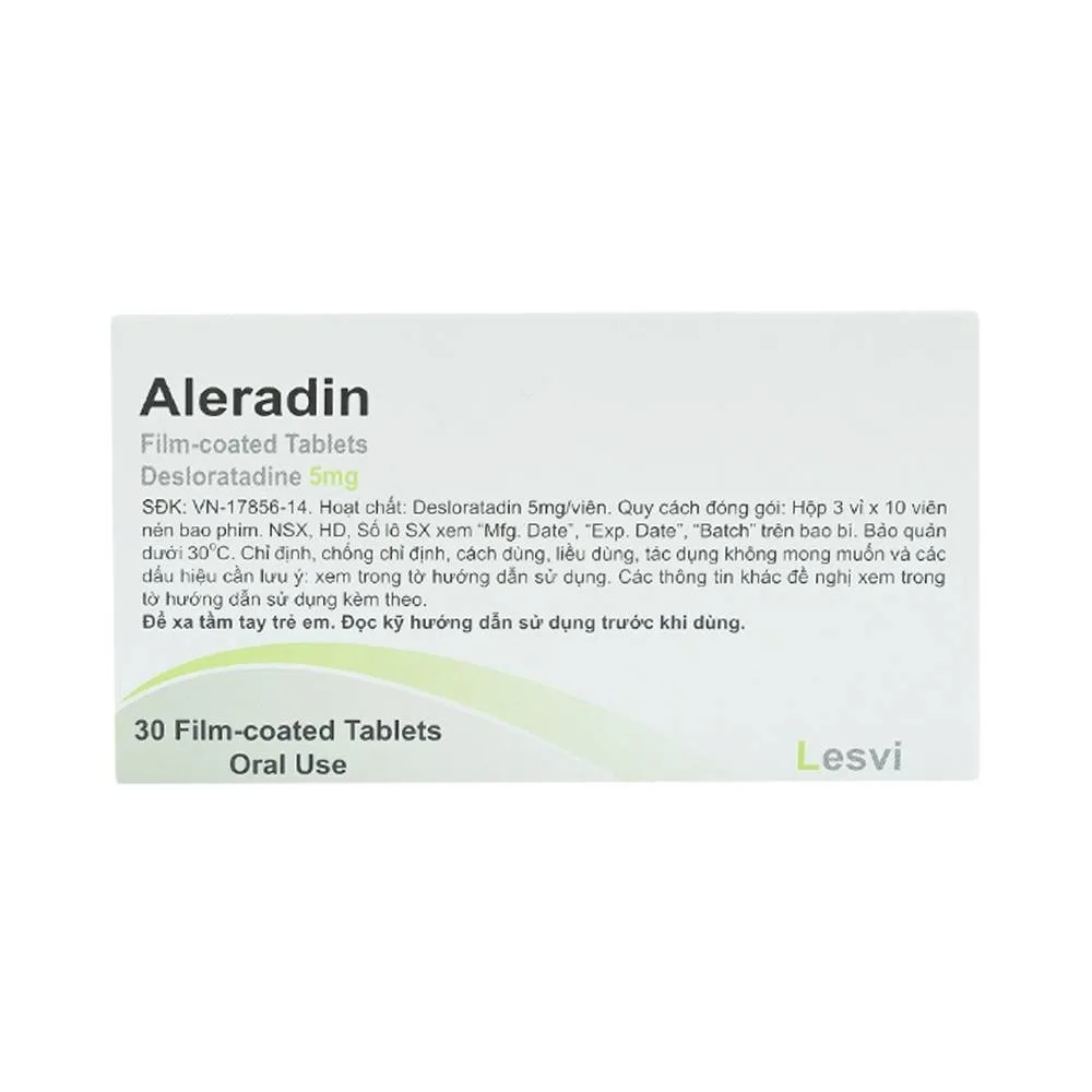 Hình ảnh Thuốc Aleradin 5mg giảm các triệu chứng viêm mũi dị ứng theo mùa, mày đay (3 vỉ x 10 viên)