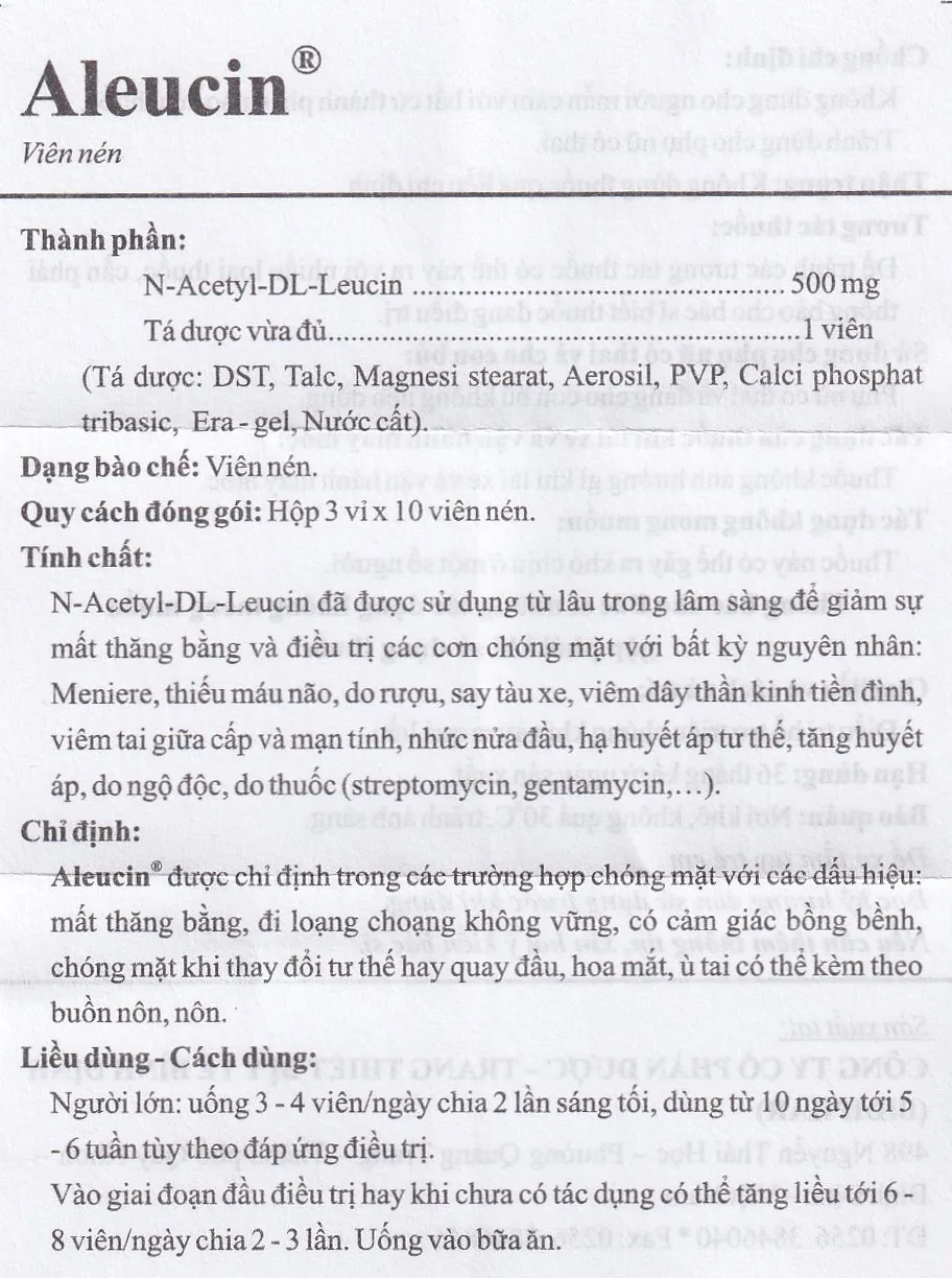 Hình ảnh Thuốc Aleucin 500mg Bidiphar điều trị các cơn chóng mặt (3 vỉ x 10 viên)