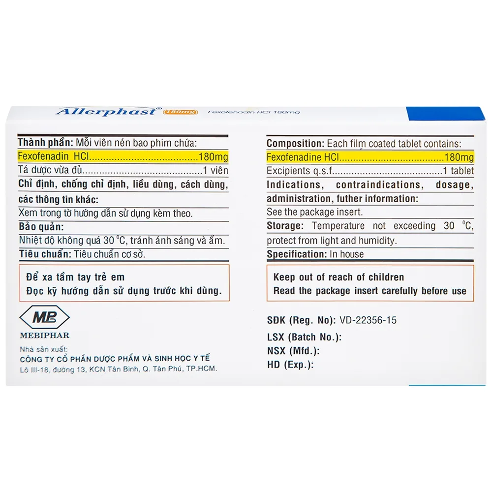Hình ảnh Thuốc Allerphast 180mg Mebiphar điều trị viêm mũi dị ứng theo mùa, mày đay mạn tính vô căn (1 vỉ x 10 viên)